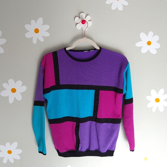 Vintage Sweaters - Vintage 80's Retro Purple, Pink, & Turquoise With Black Trim Color-Block Sweater